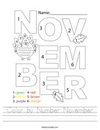Color by Number November Handwriting Sheet