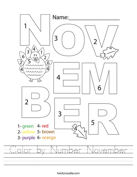 Color by Number November Worksheet