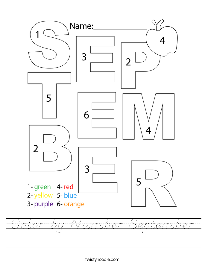 Color by Number September Worksheet