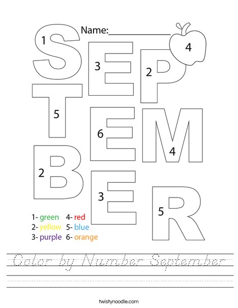 Color by Number September Worksheet