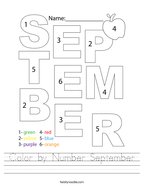 Color by Number September Handwriting Sheet