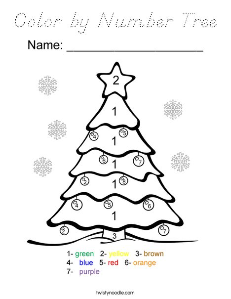 Color by Number Tree Coloring Page - D'Nealian - Twisty Noodle