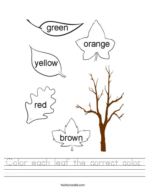 Color each leaf the correct color. Worksheet