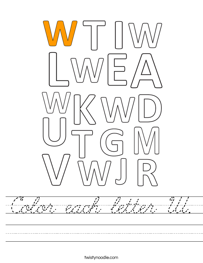 Color each letter W Worksheet - Cursive - Twisty Noodle