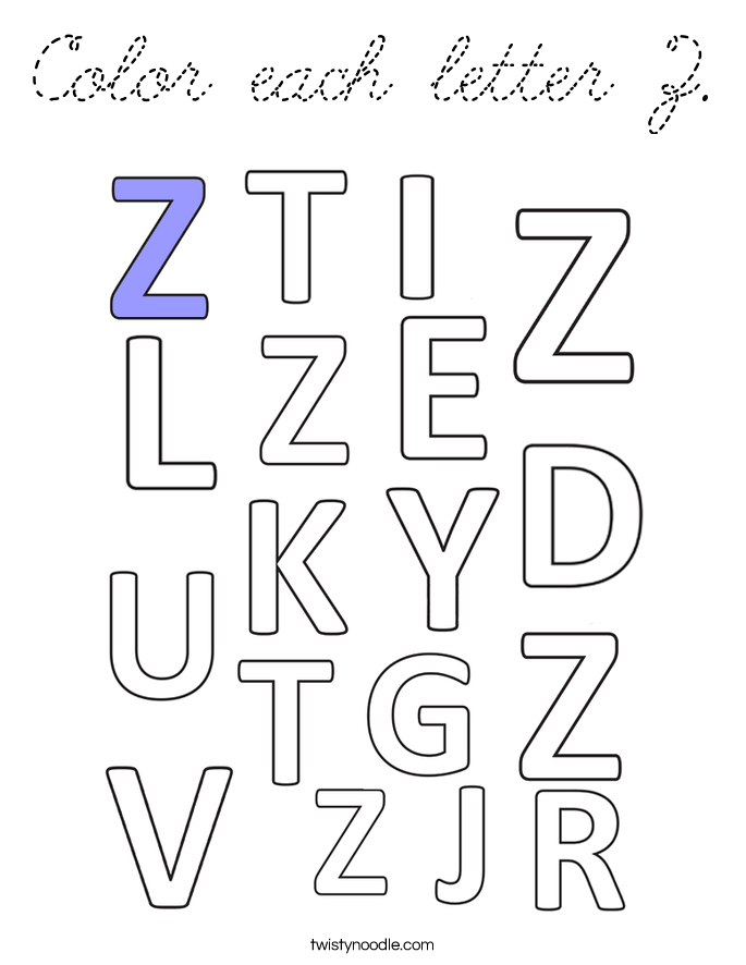 Color each letter Z Coloring Page - Cursive - Twisty Noodle