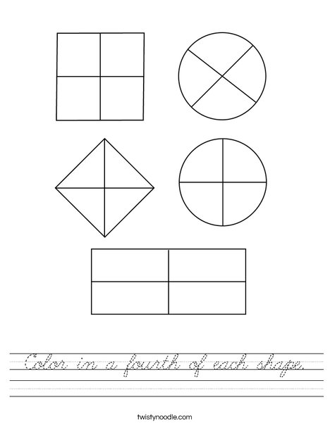 Color in a fourth of each shape. Worksheet