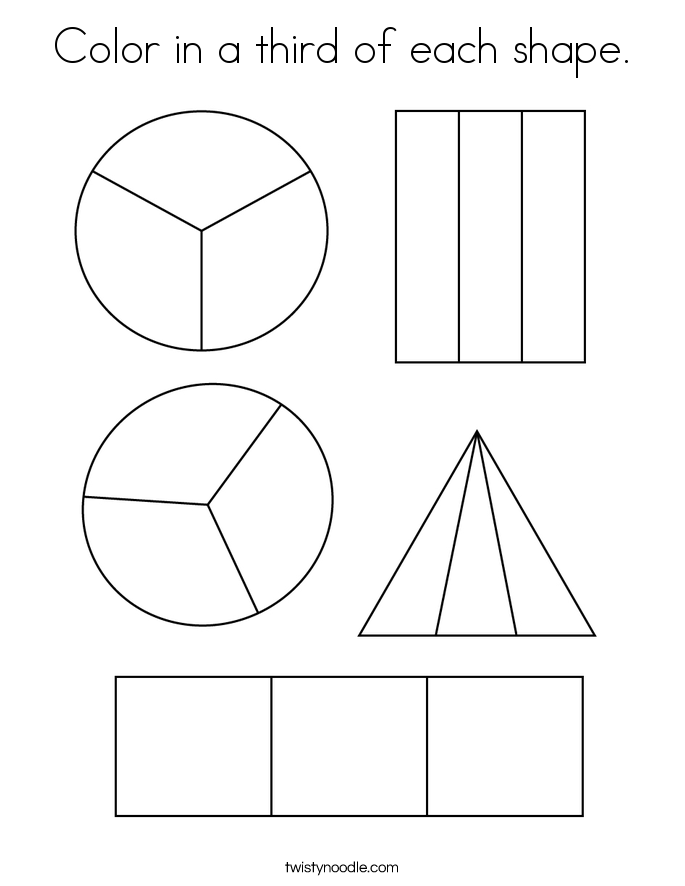 Color in a third of each shape. Coloring Page