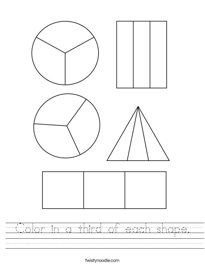 Color in a third of each shape. Worksheet