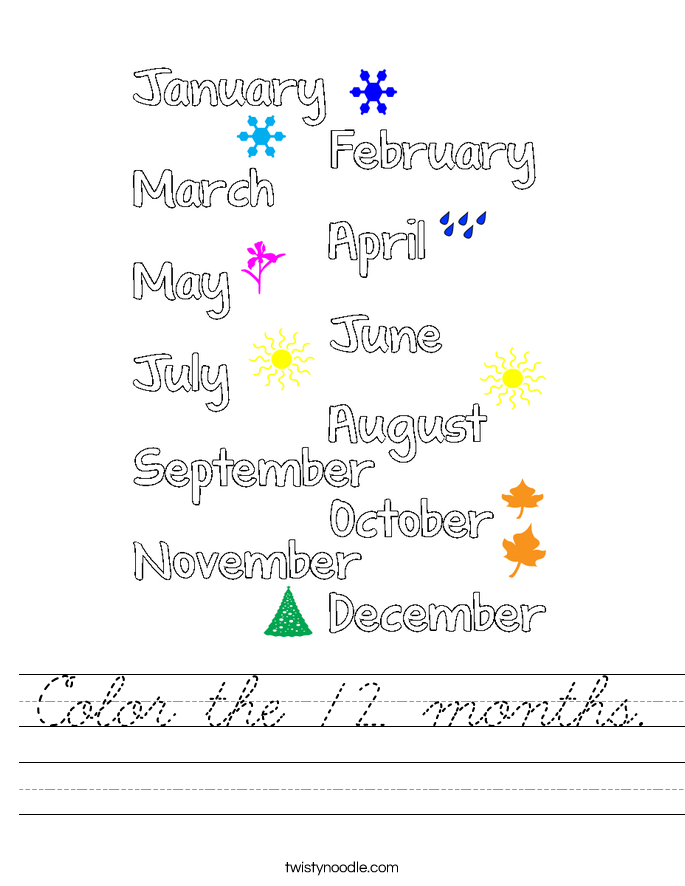 Color the 12 months. Worksheet