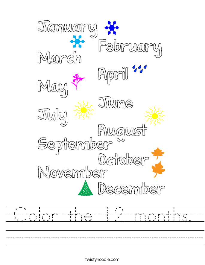 color the 12 months worksheet twisty noodle