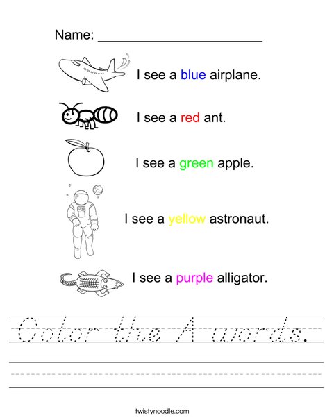 Color the A Words Worksheet