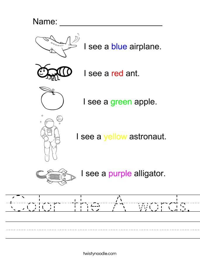 Color the A words. Worksheet