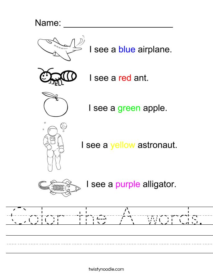 color the a words worksheet twisty noodle