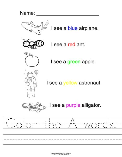 Color the A Words Worksheet