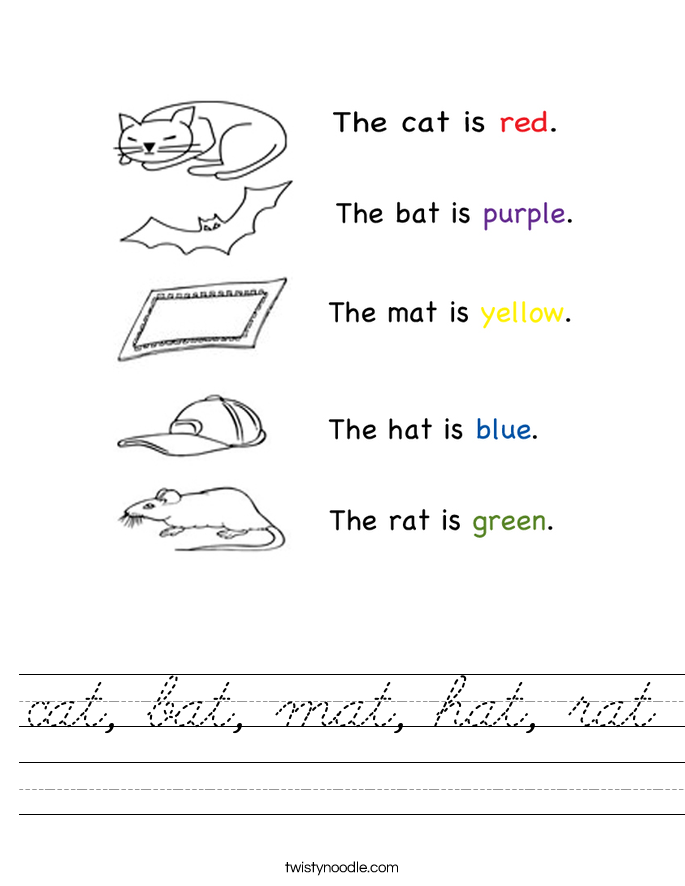 cat, bat, mat, hat, rat Worksheet