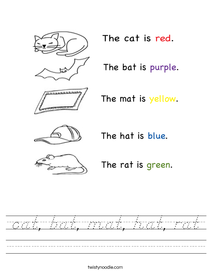 cat, bat, mat, hat, rat Worksheet