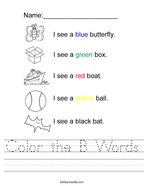 Color the B Words Handwriting Sheet