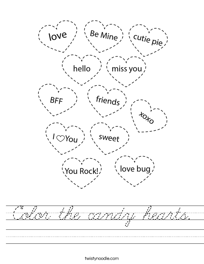 Color the candy hearts. Worksheet