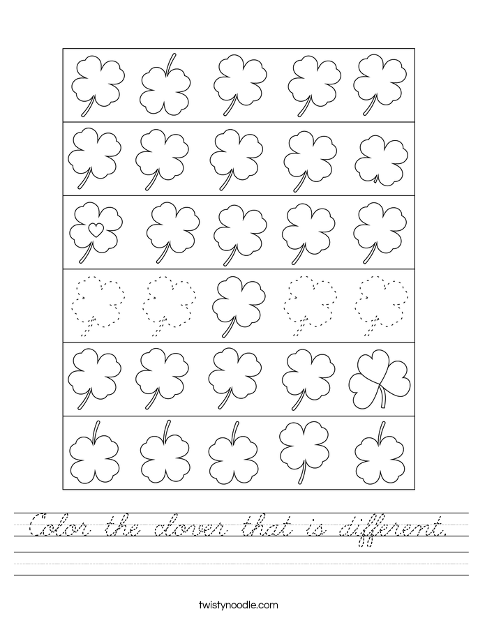 Color the clover that is different. Worksheet