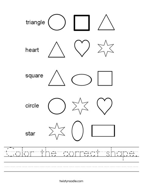 color the correct shape worksheet twisty noodle