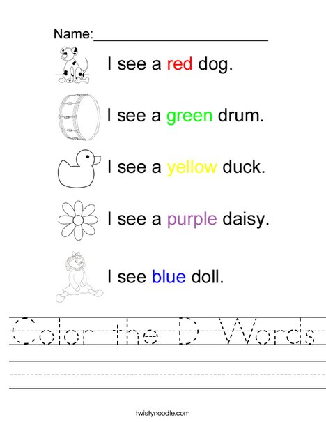 color the d words worksheet twisty noodle