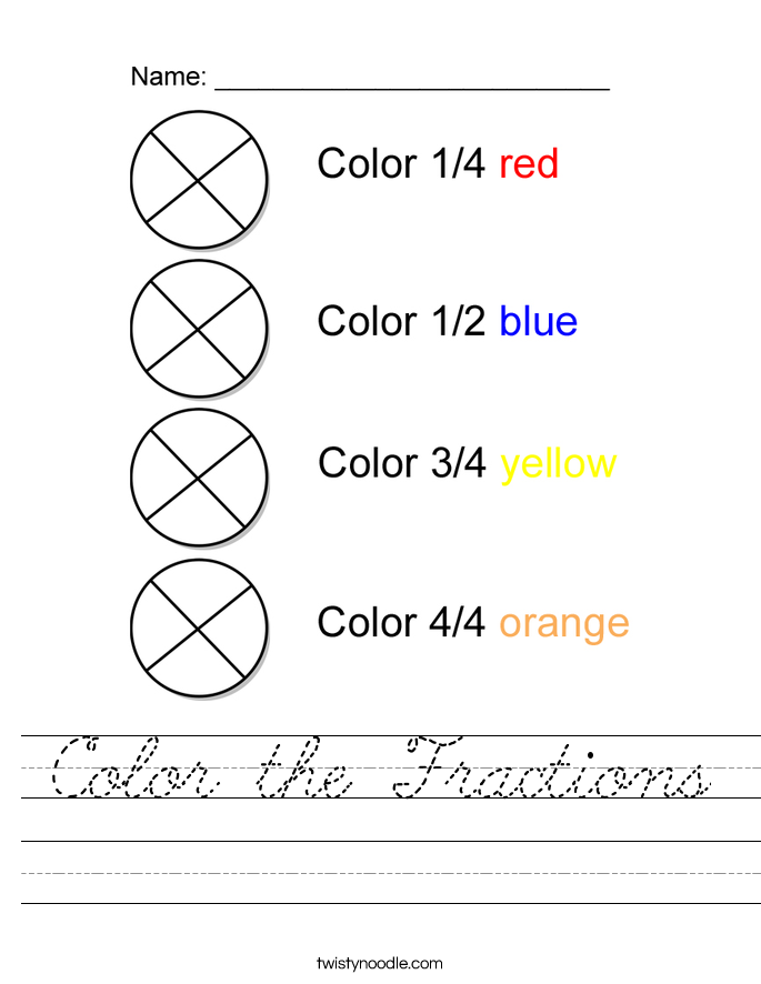 Color the Fractions Worksheet - Cursive - Twisty Noodle