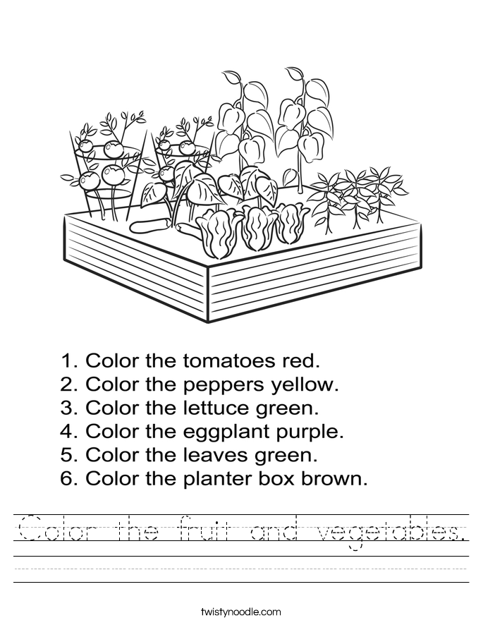 Color the fruit and vegetables. Worksheet