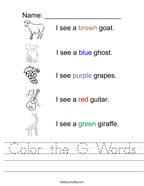 Color the G Words Handwriting Sheet