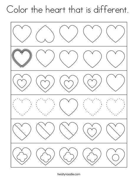 Color the heart that is different. Coloring Page