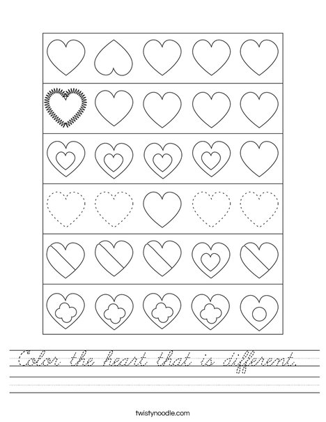 Color the heart that is different. Worksheet