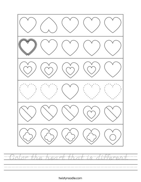 Color the heart that is different. Worksheet