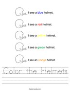 Color the Helmets Handwriting Sheet