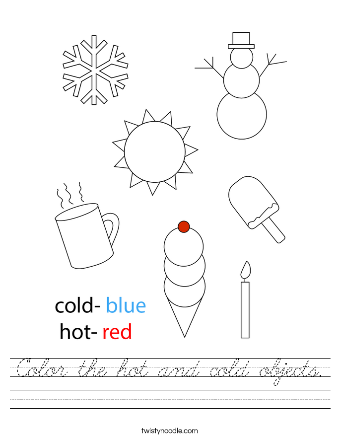 Color the hot and cold objects. Worksheet