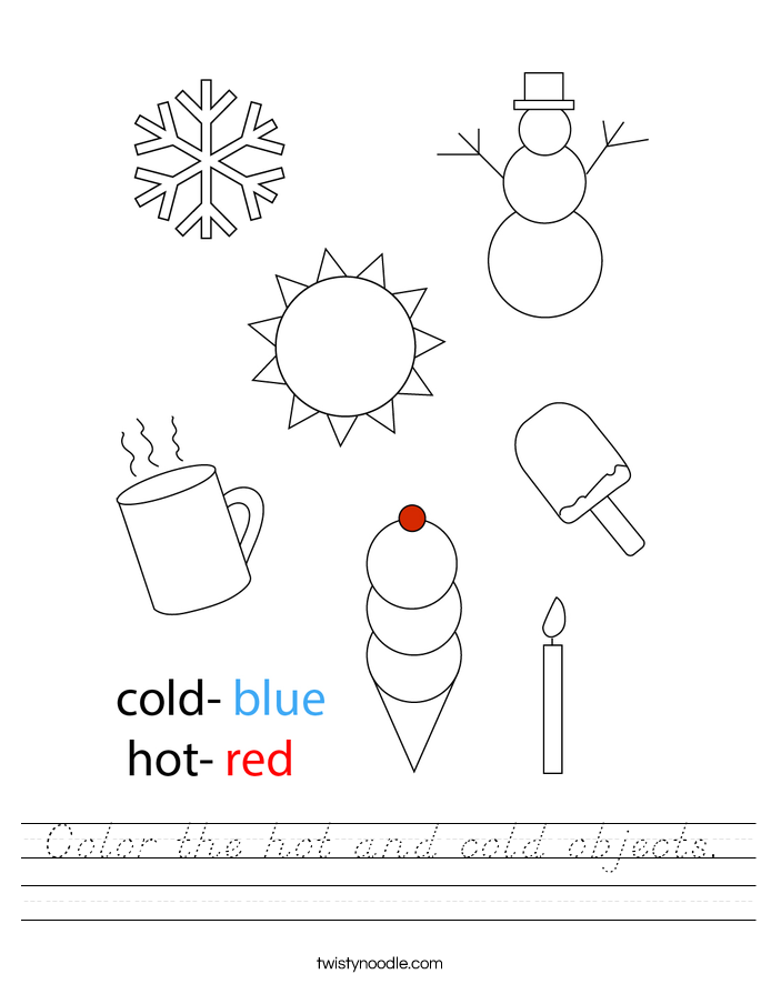 Color the hot and cold objects. Worksheet