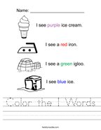 Color the I Words Handwriting Sheet