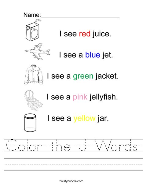 color the j words worksheet twisty noodle