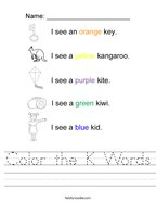 Color the K Words Handwriting Sheet
