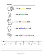 Color the L Words Handwriting Sheet