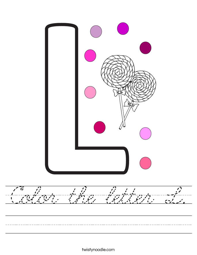 Color the letter L Worksheet - Cursive - Twisty Noodle