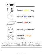 kindergarten worksheets letter m Color the M Words Handwriting Sheet