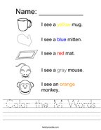 Color the M Words Handwriting Sheet