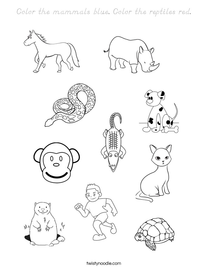 Color the mammals blue. Color the reptiles red. Coloring Page