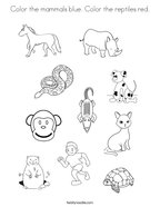 Color the mammals blue Color the reptiles red Coloring Page