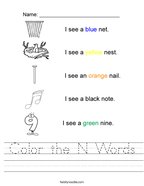 Color the N Words Handwriting Sheet