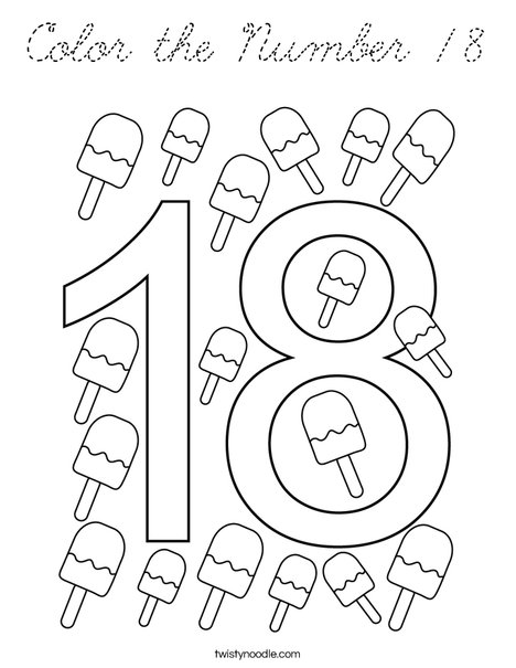 Color the Number 18 Coloring Page - Cursive - Twisty Noodle