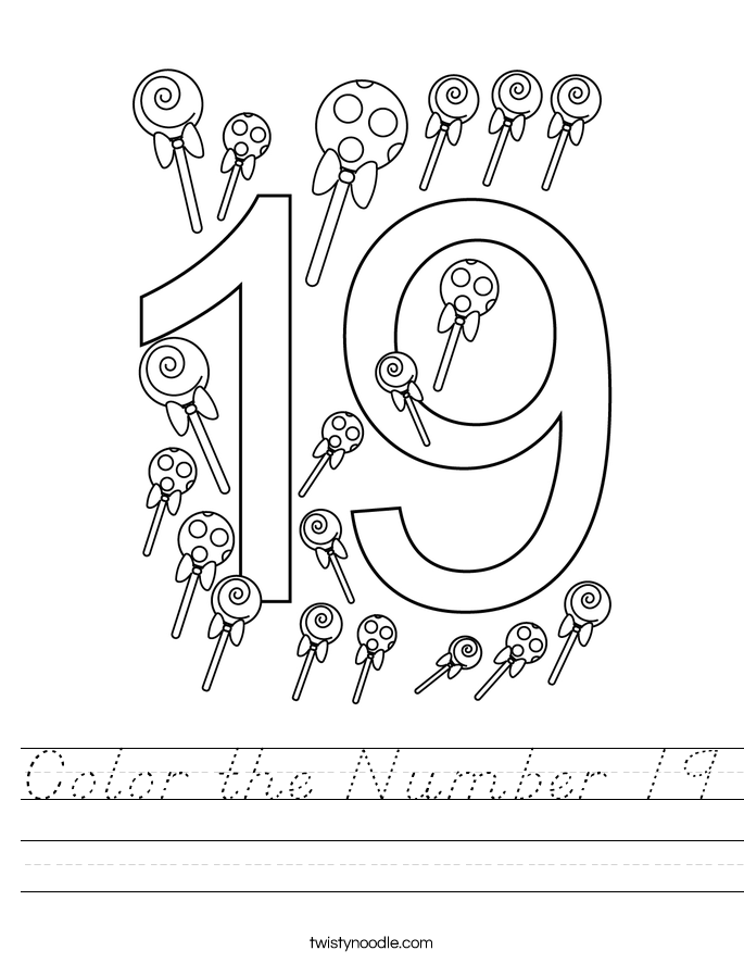 color the number 19 worksheet dnealian twisty noodle