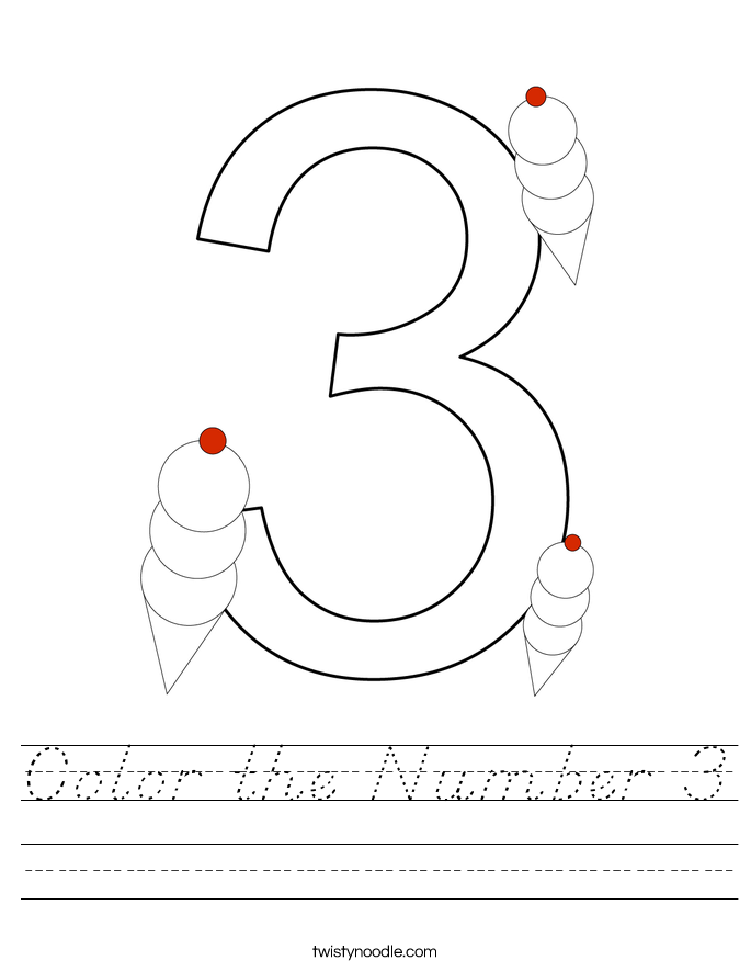Color The Number 3 Worksheet D Nealian Twisty Noodle
