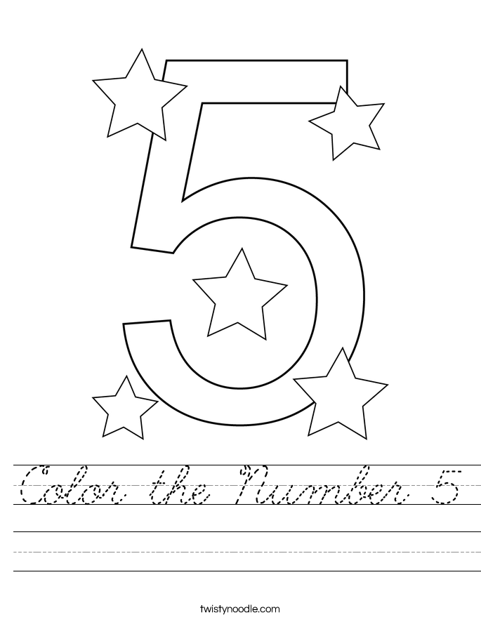 Color the Number 5 Worksheet - Cursive - Twisty Noodle
