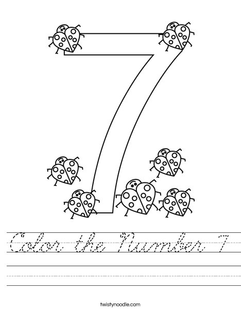 color the number 7 worksheet cursive twisty noodle