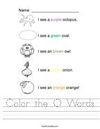 Color the O Words Handwriting Sheet